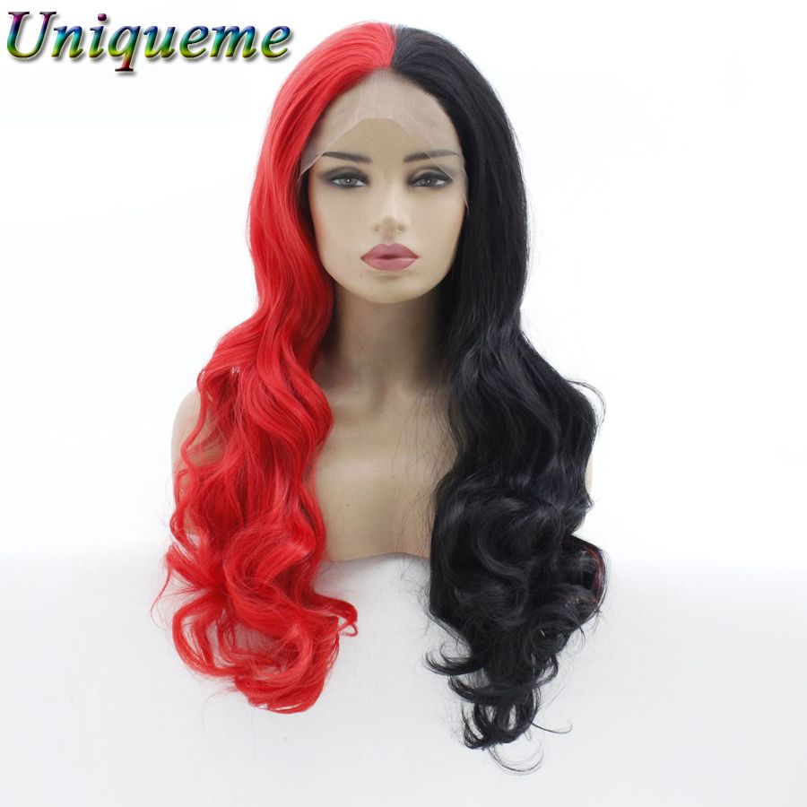 Half Red Half Black Color Body Wave Lace Frontal Wig Heat
