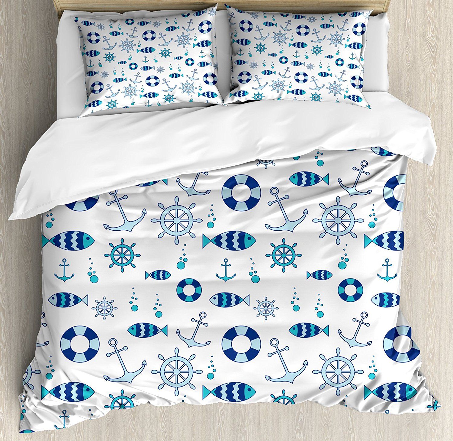 Sea Animals Duvet Cover Set Abstract Nautical Composition Fish