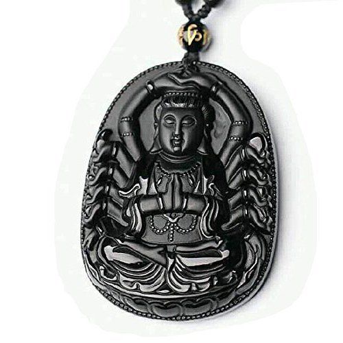 Pure Natural Obsidian Four Arm Guan Yin Kwan-yin Boddhisattva Necklace Pendant