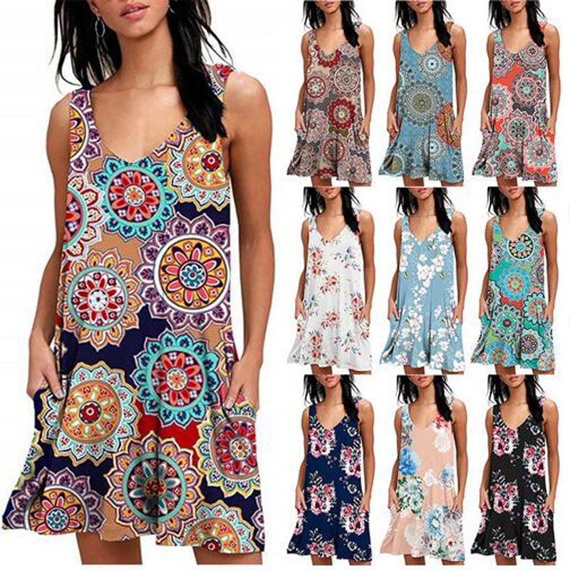 Vestido De Mujer Estampado Con Cuello En V Sin Mangas Bolsil Vestido De Mujer Estampado Con Cuello En V Sin Mangas Bolsil