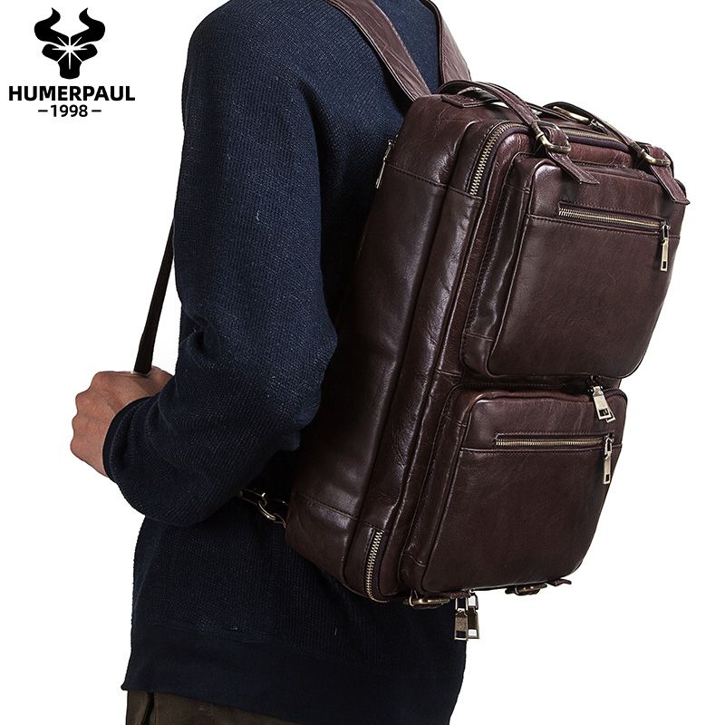 Leather Men Backpack Multifunctional Travel Briefcase Handbag Male