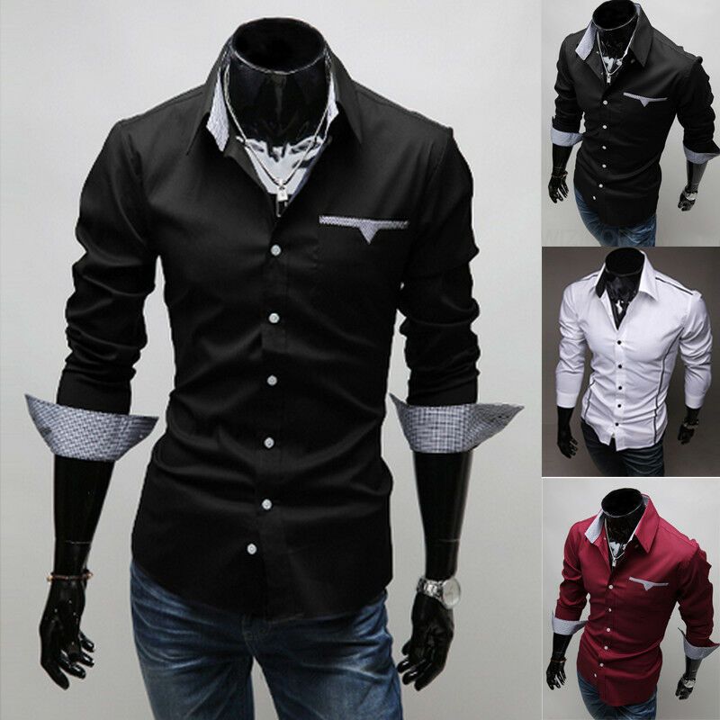 2020 New Fashion Stylish Mens Dress Shirts Black White Slim Fit Long