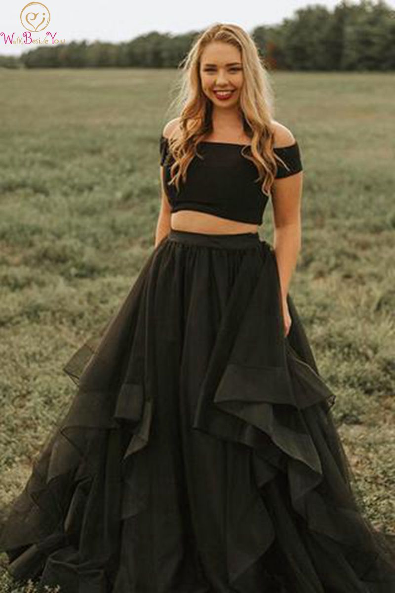 Compre Dos Piezas De Vestidos De Fiesta Con Cuello De Barco Negro 2019  Nuevo Fuera Del Hombro Vestido De Noche De Organza Sexy Crop Top Ruffles  Vestidos De Gala A 74,24 €