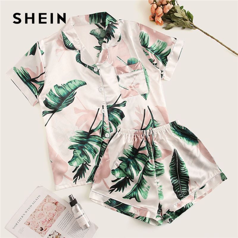 Compra SheIn Print Tropical Satin Pajama Set Casual Sleep Use Shorts Shorts  Sets De Manga Corta Bolsillo Mujer Pijama De Verano Set CX200606 Barato |  Entrega Rápida Y Calidad | Es.Dhgate