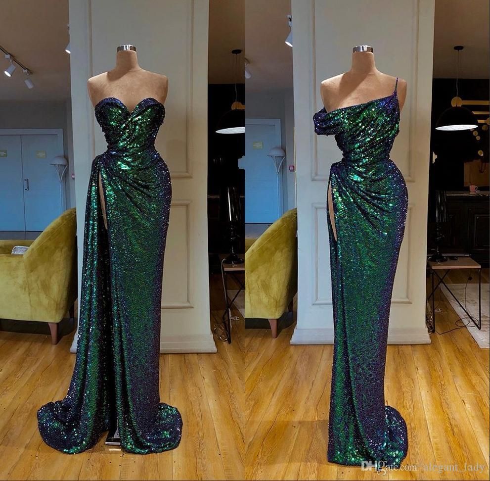 Emerald Green Mermaid Prom Dresses Sexy High Side Split Sequined ...