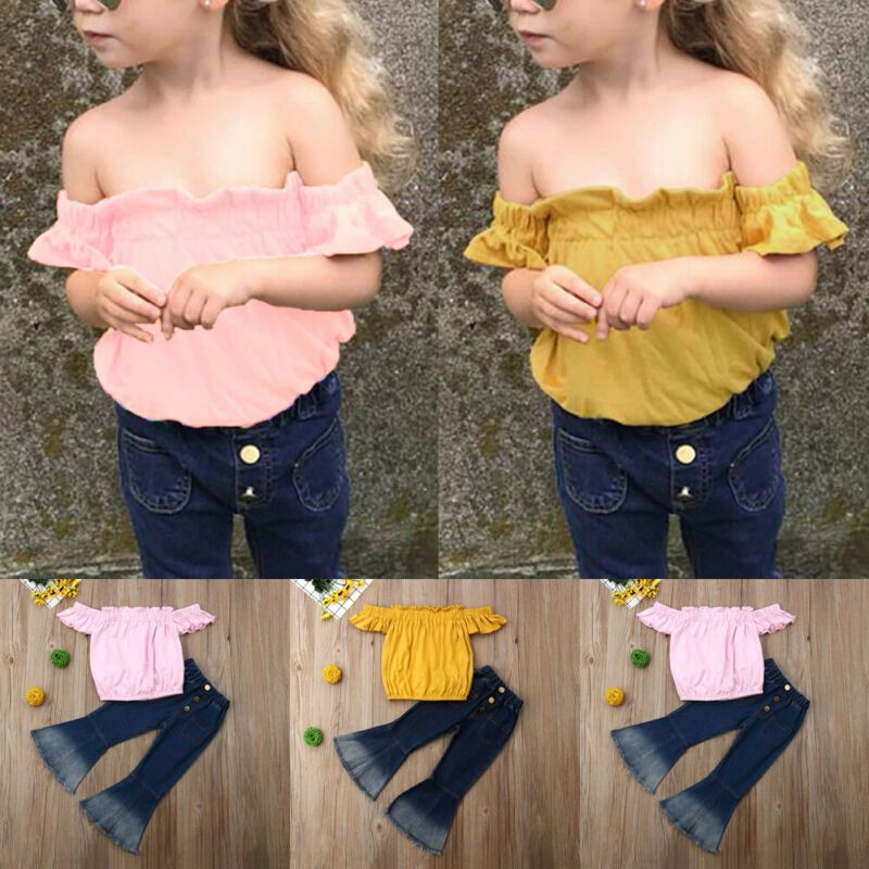 2pcs Toddler Baby Girls T-Shirt Dress+Jeans Pants Clothes Outfits Set