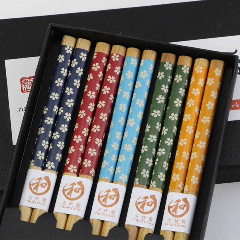 JRose Collections Chopsticks Gift Set JR-1196 5 Pairs of Reusable Natural Bamboo Chopsticks High Quality in a Beautiful Red Handmade Box