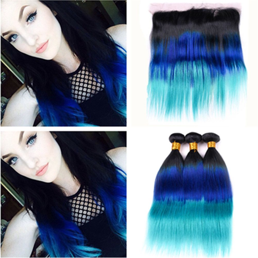 3 Tone Ombre Bundles With Frontal Straight 1b Blue Teal Dark