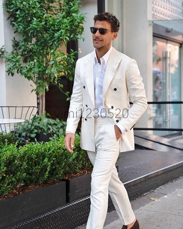 Beige Men Suits Peaked Lapel Double 