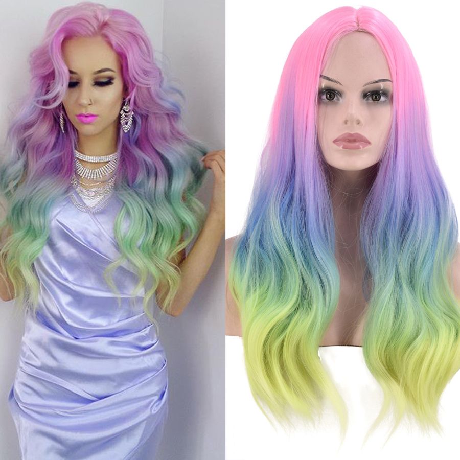 Rainbow Wig Long Wavy Body Wave Wigs Glueless Synthetic Hair Wig