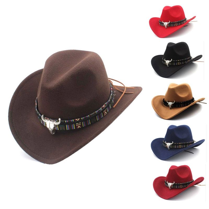 XAODUNH Hombres Mujeres Lana occidental del sombrero de vaquero con la pista de la vaca banda de pop toda la iglesia sombrero de ala sombrero de Fascinator 56-58cm Tamaño Sombrero De Vaquero Occidenta 