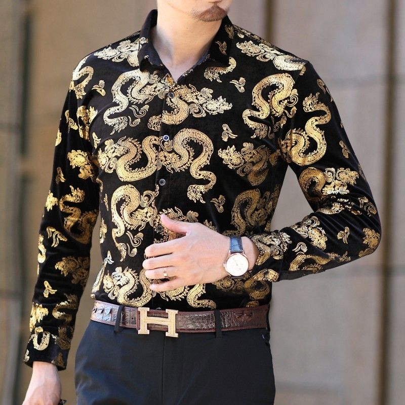 2020 Golden Dragon Flower Shirts Mens Long Sleeve Shirt