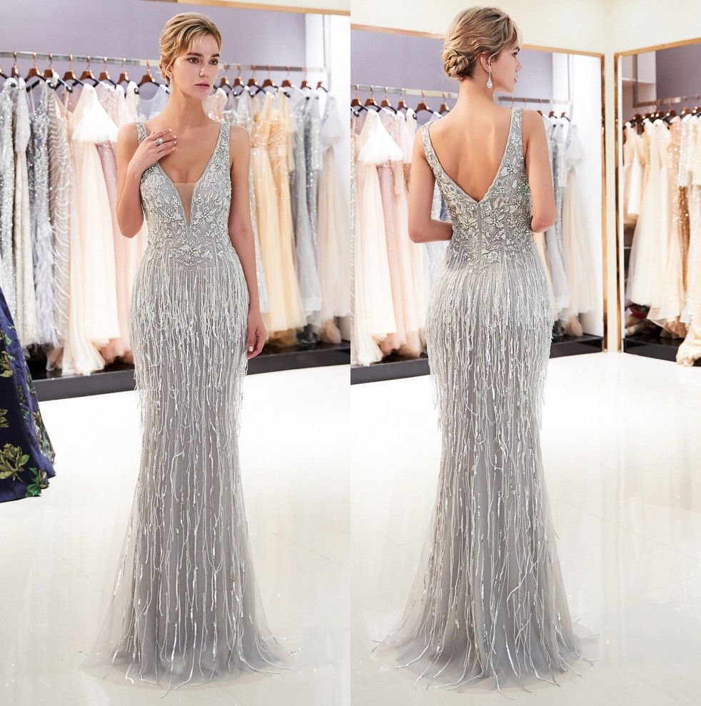 Compra Elegante Cuello En V Vestidos De Noche Largo De La Sirena Real  Imágenes MLS Con Cuentas Borla Piedras De Longitud De Partido Formal  Vestidos De Baile CPS1167 Barato | Entrega Rápida