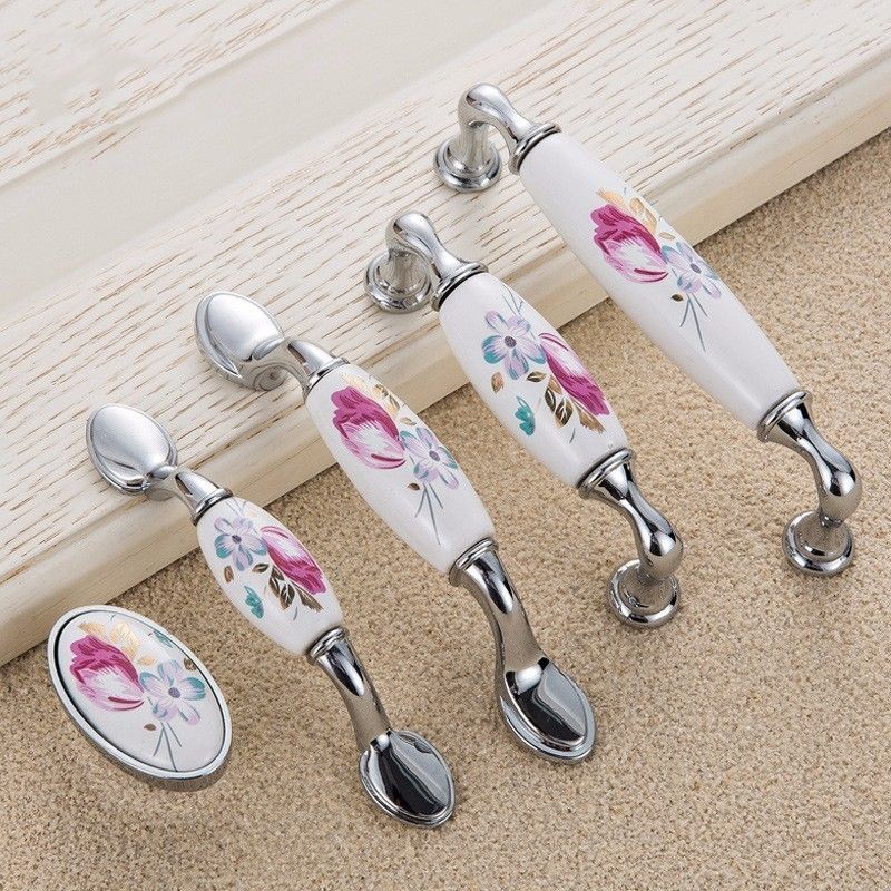 2020 Tulip Ceramic Door Handle Silver Drawer Pulls Vintage Flower