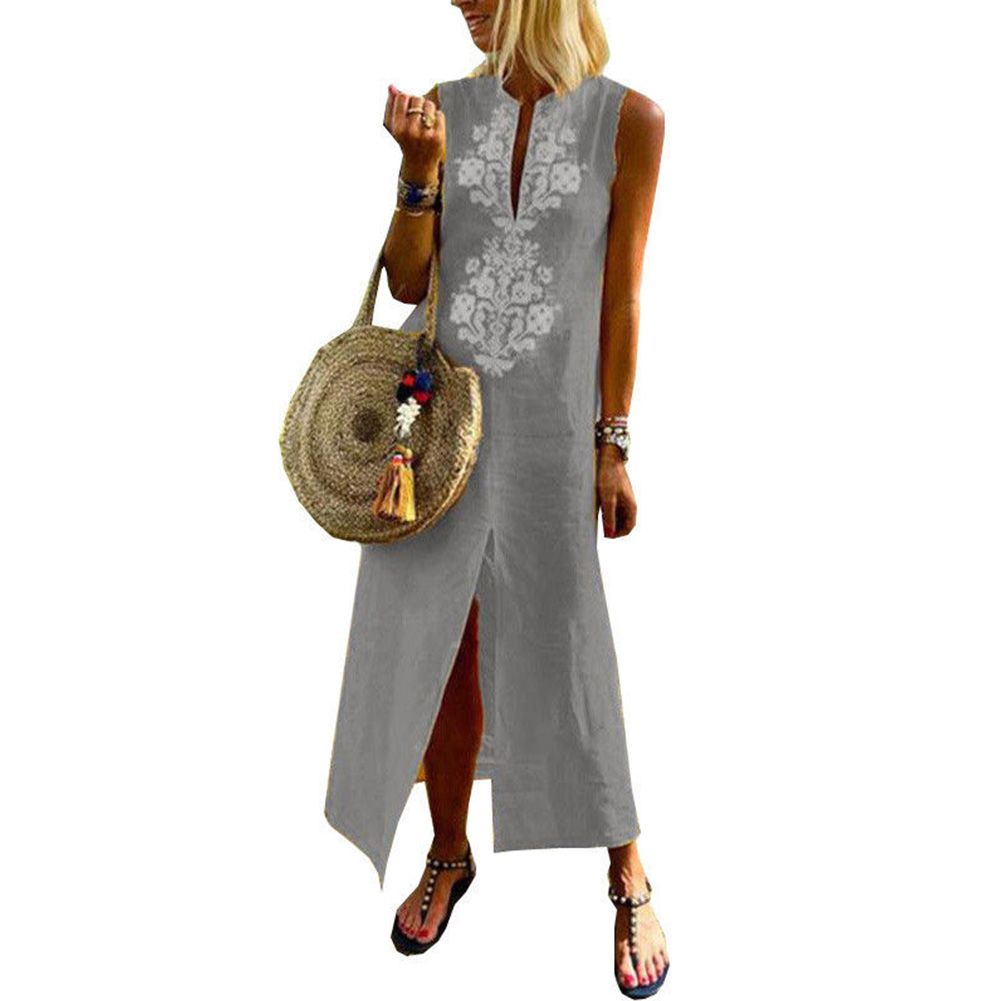 Linen Maxi Kaftan Tight Deep V Neck 