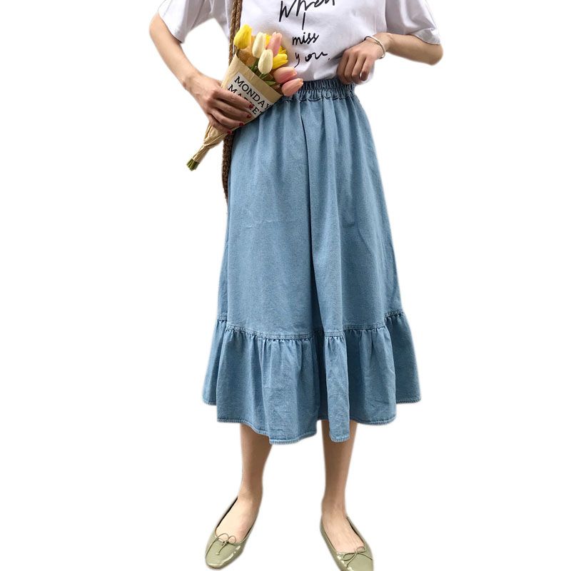 2020 Women Fashion Korean Solid Elastic Waist A Line Denim Skirt