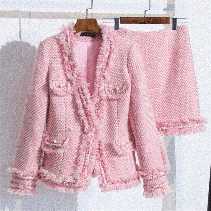 pink skirt and jacket set