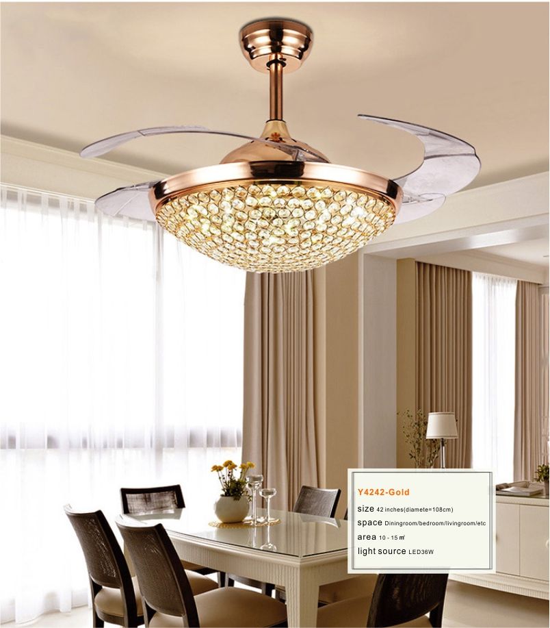 2019 Luxury Modern Crystal Chandelier Ceiling Fan Lamp Folding Ceiling Fans With Retractable 4 Blade Remote Control Lights 42 Inch Fans Light From