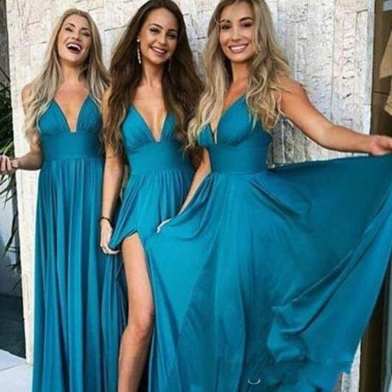 Vestidos De Dama De Honor De Gasa Azul Turquesa Del País Barato Largos