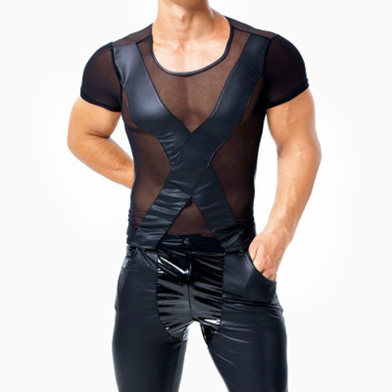 Gothic Men Sheer Mesh Tops Sexy Black Faux Leather Tee Splicing See ...