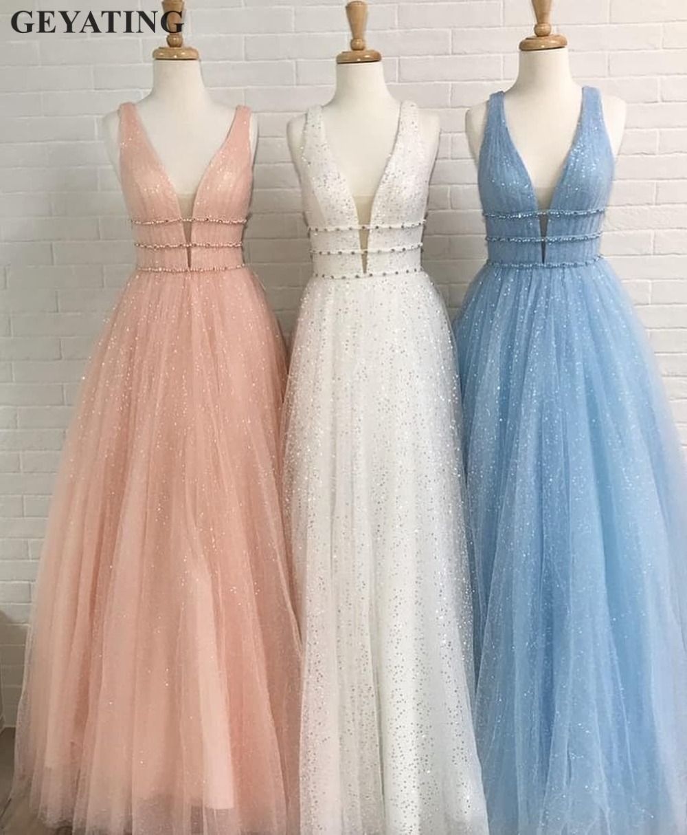 Vestido Para Festa De Formatura Glitter Coral Branco Tulle Longo Prom Vestidos Real Fotos Profundo Decote Em V Sem Costas Frisada Partido Evening Blue Sky Vestidos 2019 Elegante Vestidos Para Casamento Madrinha