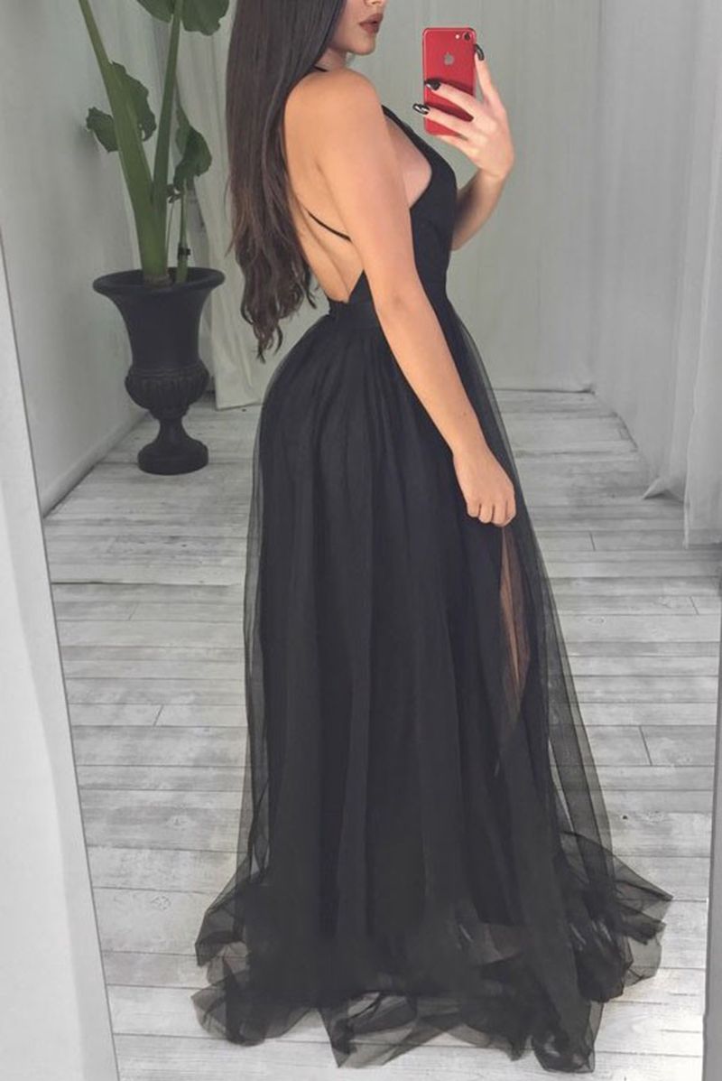 black tulle prom dress