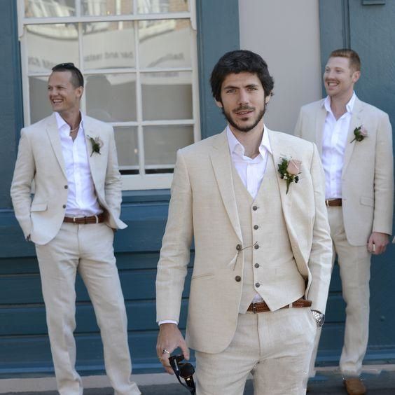 Summer Beach Ivory Linen Men Suits For Wedding Groomsmen Tuxedos 