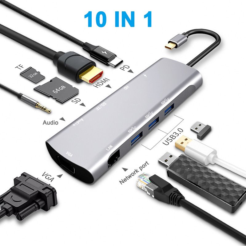 C Hub USB, 10 En Tipo C Hub Con Puerto Ethernet, USB 4K C A HDMI, VGA, 3 Puertos USB 3.0, Portátil Para Mac Pro Y Otros De Tipo C Portátiles De 44,75 € | DHgate