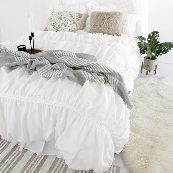 Ins Bedding Sets Queen King Size White, White Ruffle King Bedding