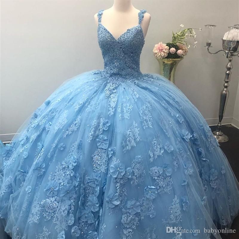 Luz Do Céu Azul Quinceanera Vestidos Incríveis 3D Lace Apliques Feito À Mão Flores Com Beads Vestido De Baile Doce 15 Vestidos Vestidos De Noite De Springwedding, $876,25 | Pt.Dhgate.Com