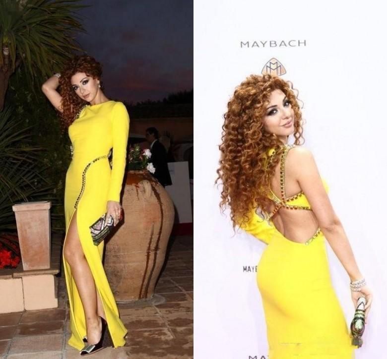 Myriam Fares Prom Dresses 2019 Long Cocktail Party Dress Special Occasion Dresses Yellow High Side Split One Sleeve Open Back Evening Gowns Floral