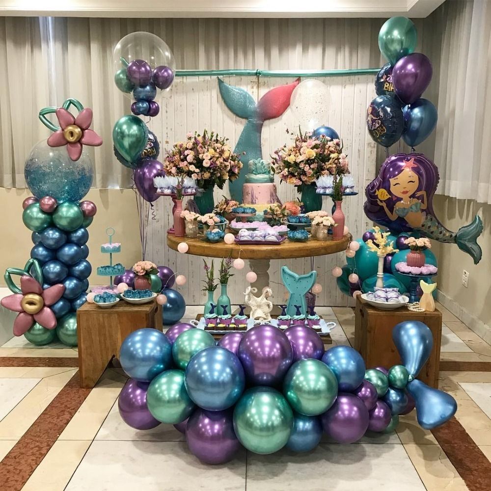 Carretilla Crítica Generalizar Bolas de cromo Globos metálicos La Sirenita Ariel Decoraciones para fiestas  de cumpleaños Suministros para niños