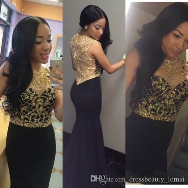black and gold fitted prom dress