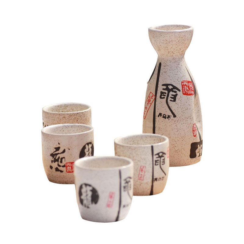 JNN 5 Pcs Japanese Sake Set Traditional Hand Painted Design Ideal for Japanese Sake 360ML Handmade Ceramic Wine Cup Pottery Sake Bottle and 4 Cups