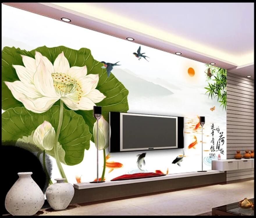 custom photo 3d wallpaper Lotus flower fish illustration tv background home  decor living room 3d wall