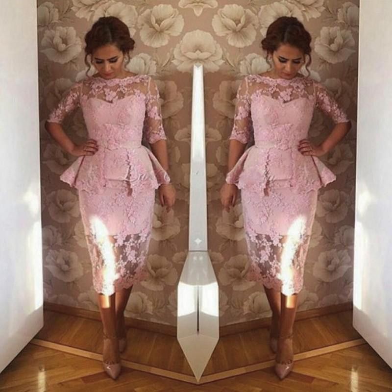 Tea Length Lace Mother Dresses With Peplum Half Sleeves Wedding