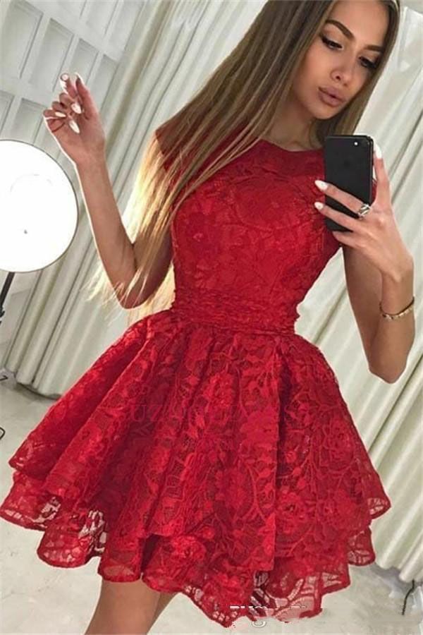 Compra Vestidos De Fiesta Cortos Rojos Con Niveles De Encaje Cuello Joya  Sexy Una Línea De Vestidos De Cóctel Mini De Encaje Cortos Baratos Barato |  Entrega Rápida Y Calidad | DHgate