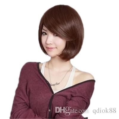 2019 Fashionable Dark Brown Light Brown Natural Black Color Medium Short Bobo Fringe Haircut Wigs For Women Daily Use Full Lace Wig Uk Nicki Minaj