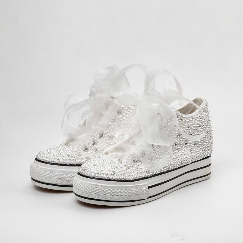 Country Wedding Shoes Women Handmade Crystals Pearls Sneakers