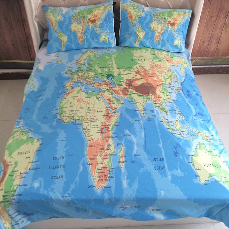 Blue World Map Duvet Cover Set Gift For Kids Adult Bed Set Single