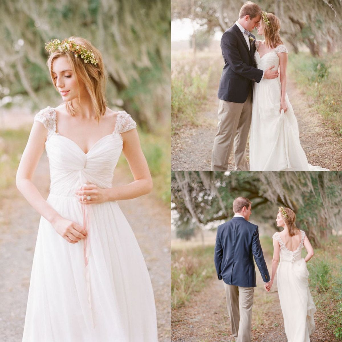Discount Ivory Outdoor Country Wedding Dresses With Cap Sleeves
