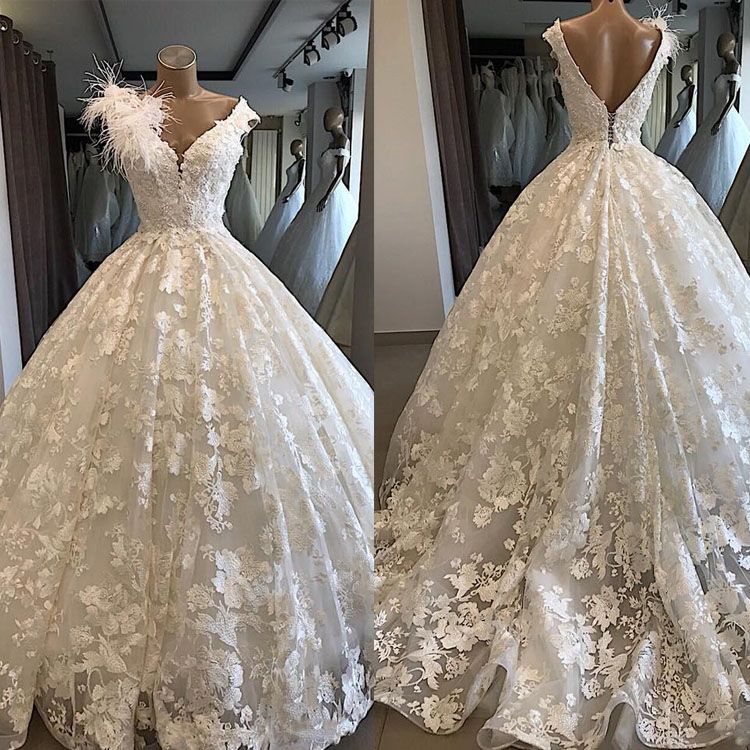 Princess Ball Gown Wedding Dresses White Feather Flower Lace