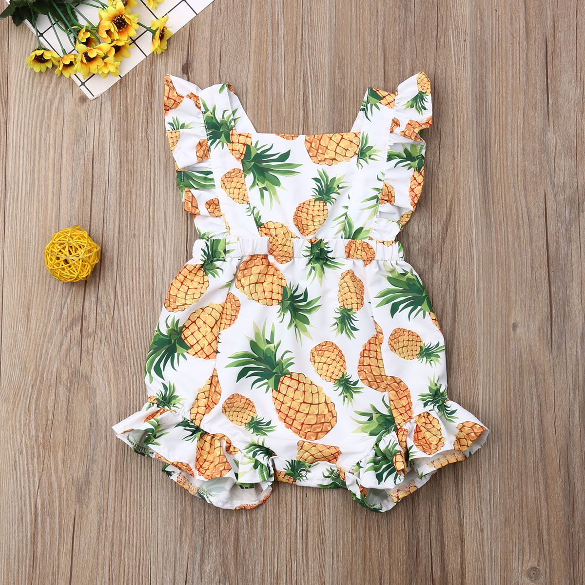 Newborn Baby Girl Clothes Cute Pineapple Print Ruffles Yellow Bow Romper Summer Outfits