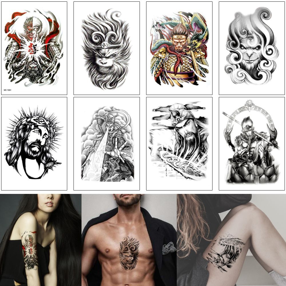 Fake Black Person Tattoo Sticker Temporary Waterproof Body Art Tattoo Transfer Paper Mythological Sun Wukong Guan Yu Er Lang God Decal Party