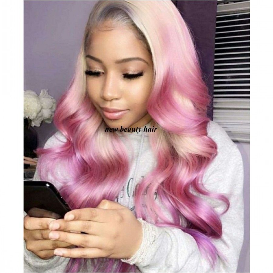 New cosplay style blonde roots pink Brazilian Lace Front Wigs synthetic  With Baby Hair Body Wave