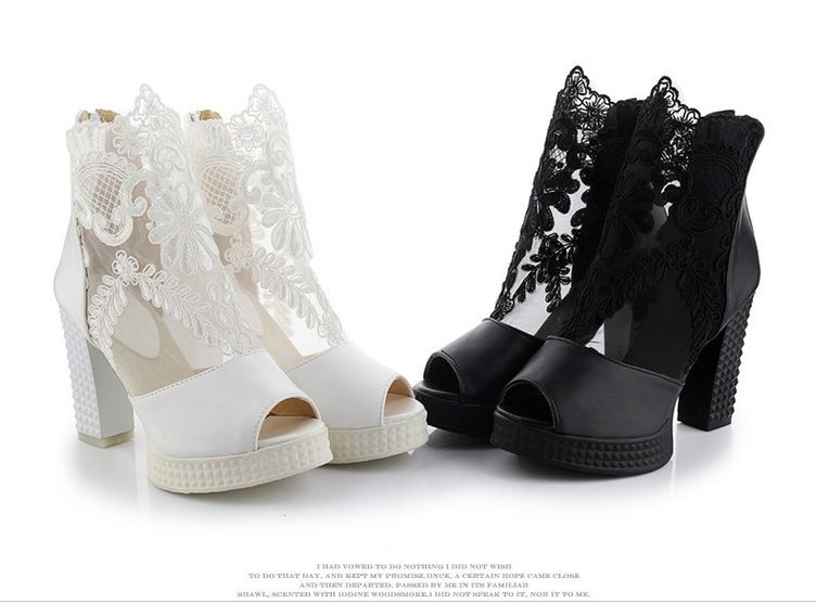 White Black Lace Appliques Wedding Shoes High Heels Womens Shoe