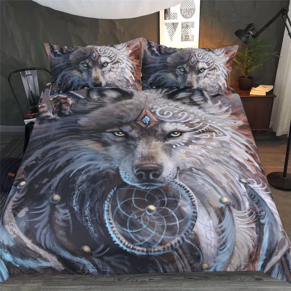 Grey Wolf Bedding Set Tribal Totem Mysterious Classic King Size