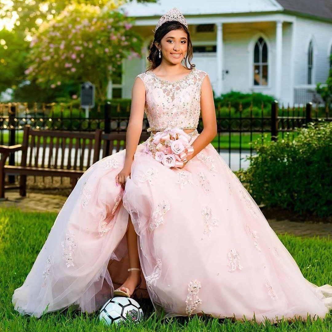 Compra Cristales De Color Rosa Vestidos De Quinceañera Dos Piezas Vestido  De Fiesta De Encaje De Tul Partido Del Dulce 16 Vestidos 15 Anos Barato |  Entrega Rápida Y Calidad | Es.Dhgate