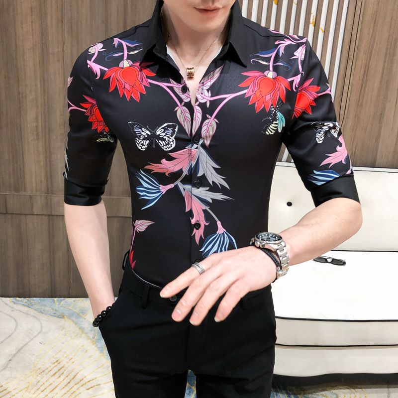Floral Shirt Men Summer Print Turn-Down Collar Slim Fit Short Sleeve Top Shirt Blouse Men 2019 