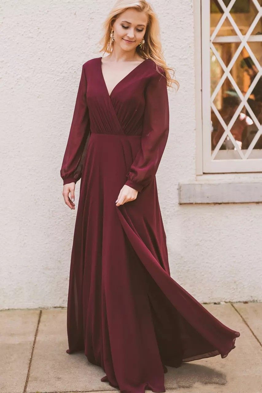 bridesmaid dresses with sleeves burgundy